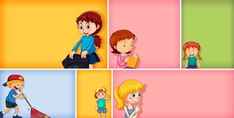 Set of different kid characters on different color background