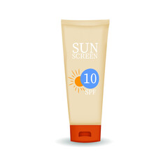 Sunscreen. Plastic bottle of sun protection and white cream