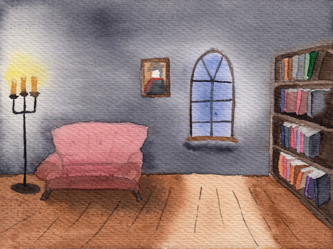 Watercolor illustration with cozy living room interior. Halloween style mysterious & cute room. Hand drawn sketch for poster, background. Medieval times atmosphere. Bright warm wizard/witch home.