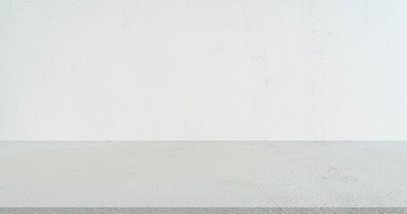 close up on white color cement wall and perspective flooring for show and promote content or...