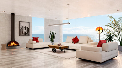 3D render of modern living room with sea view