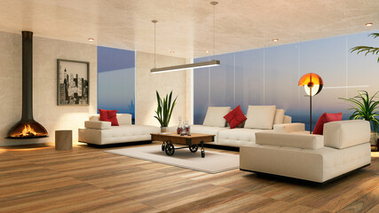 Interior 3D render of lounge with leather couch.