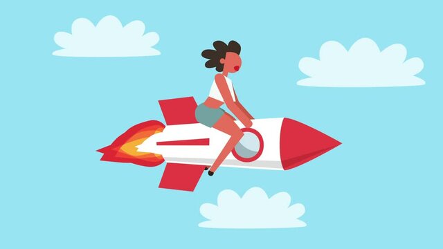 Stick Figure Color Pictogram Man Character Flies on a Rocket Business Startup Concept Cartoon Animation