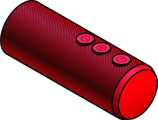 A red cylindrical portable speaker.