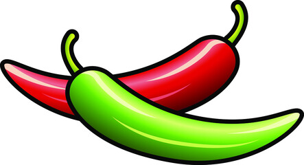 A pair of shiny red and green chilli peppers.