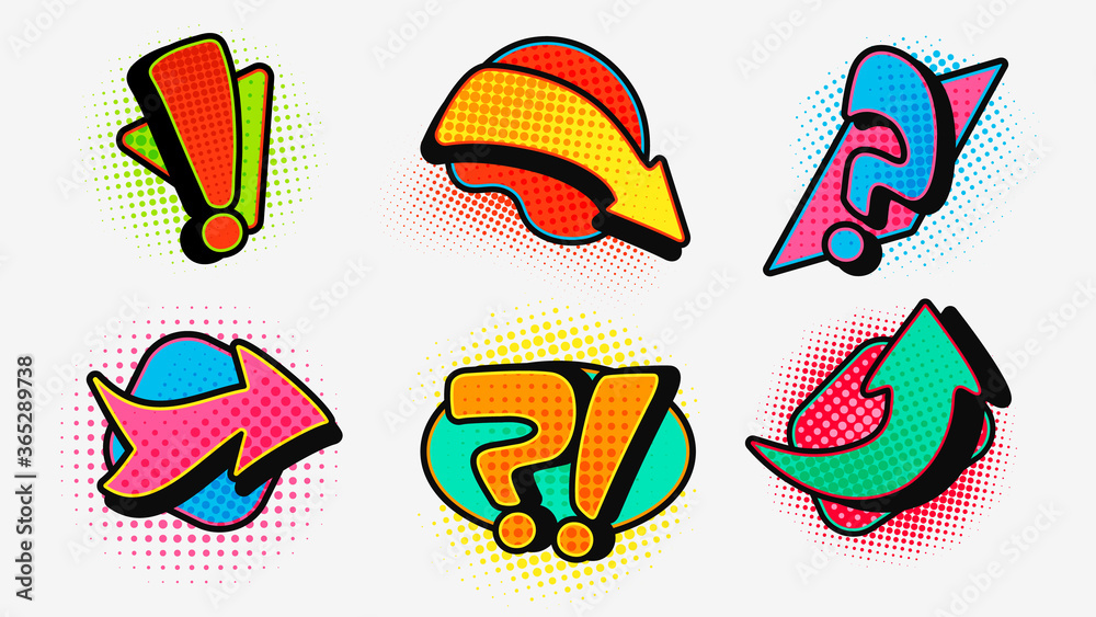 Poster pop art question with exclamation arrow set. modern graphic design of pointers sudden shock in comic