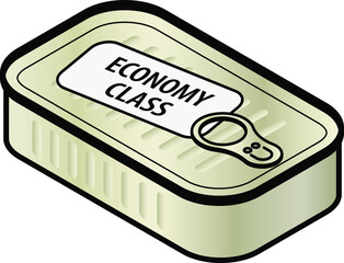 Economy class travel concept: A plain unlabelled sardine tin with a pull tab and a plain "economy class" travel.