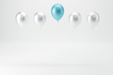 One blue balloon flying away from other white balloons on white background. copy space. minimal concept.