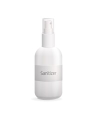 Sanitizer in bottle with spray mockup. Antibacterial gel for treatment of hands and skin hygienic prophylaxis viruses cosmetic agent for moisturizing skin medical vector foam lotion.