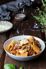 rigatoni Pasta with Bolognese Sauce, Parmesan and Basil