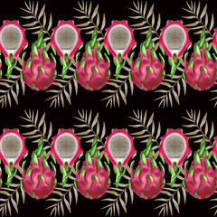 Seamless pattern, on a black background, tropical fruit with leaves. Pitahaya fruit. Pattern in stripes. Digital drawing
