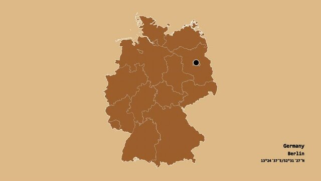 Th&uuml;ringen, state of Germany, with its capital, localized, outlined and zoomed with informative overlays on a solid patterned map in the Stereographic projection. Animation 3D