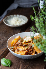 rigatoni Pasta with Bolognese Sauce, Parmesan and Basil