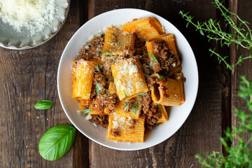 rigatoni Pasta with Bolognese Sauce, Parmesan and Basil