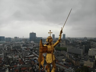 Fototapeta na wymiar Amazing view from above. The capital of Belgium. Great Brussels. Very historical and touristic place. Must see. View from Drone. Holy place, great Statue