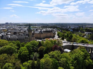 Fototapeta na wymiar Beautiful view from above, Luxemburg. The capital of Kingdom Luxemburg. Small European country with great culrure and outstanding landscapes. Aerial photo created by drone.