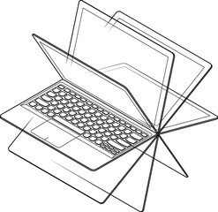 A convertible laptop/notebook computer with a 360 degree hinge. Shown with screen in different positions. Line art.