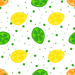 Seamless texture. Decorative background design with lime and lemon sliced summer fruits. Colorful vector pattern for textile, stationery, wallpaper, wrapping paper, web, scrapbook.