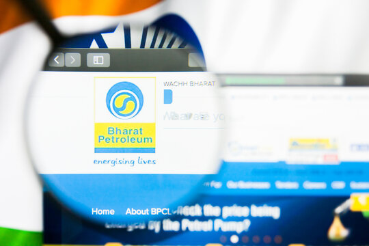 New York, New York State, USA - 21 May 2019: Illustrative Editorial of indian company Bharat Petroleum website homepage. Bharat Petroleum logo visible on display screen.