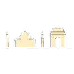 Taj mahal and India gate. Indian famous places - Vector
