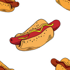 Seamless pattern of hot dog. Hand drawn hot dog. Seamless background of hot dog with sausage.