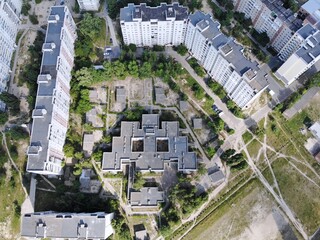 Chernihiv - view from above. Aerial photo created by drone. View on old kindergarden which is look like 8-bit monster from old game.