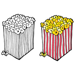 Popcorn icon. Vector illustration of popcorn in cardboard box. Hand drawn popcorn in a box.