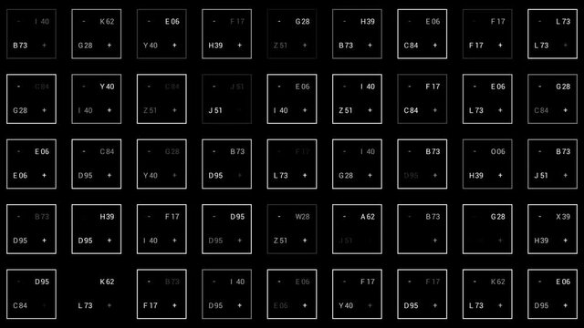 HUD shining squares and digits. Animation loop. HUD squares and numbers technological glitch flickering.Black and white for luma and alpha matte.