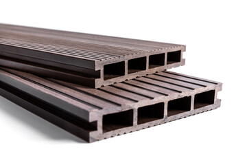wood plastic composite patio decking boards isolated on white background