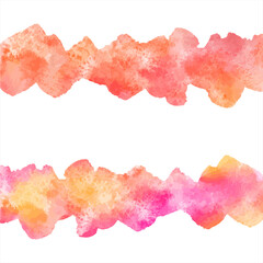 Autumn watercolor borders. Orange, red brush strokes, uneven stripes with deckled edge. Watercolour background with stains, text frame, banner template. Painted hand drawn texture, design element.