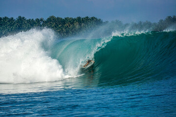 Surfer on perfect blue big tube wave, empty line up, perfect for surfing, clean water, Indian Ocean in Mentawai islands.
