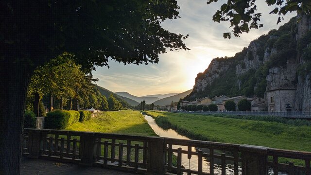 River view under a tree, Pioraco, Italy