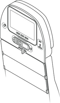Aircraft seat-back screen controls - screen on/off. volume, brightness, coat hanger, in-seat power (USB and AC), and pop-out remote control keypad / in-seat phone. Line art.