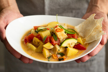 fish with vegetables and coconut sauce close-up on a plate.