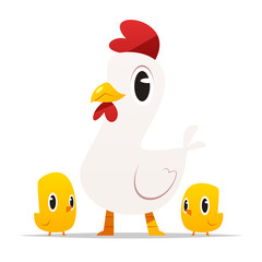Cartoon hen with baby chicks vector isolated illustration