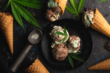 Cannabis infused chocolate swirl ice cream. A smokeless way to enjoy marijuana cannabis edibles. Can be made with CBD oil or THC extract.
