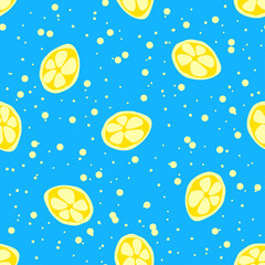 Seamless texture. Decorative background design with summer lemon fruits. Colorful vector pattern for textile, stationery, wallpaper, wrapping paper, web, scrapbook.