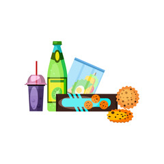 Snacks and drinks for lunch. Soft drinks, cookies and sandwich. Can be used for topics like food, lunch, grocery