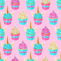 Festive unicorn fairy cakes with gold horn and pink cupcakes . Seamless pattern. Texture for fabric, wrapping, wallpaper, birthday and other holiday decorative print.
