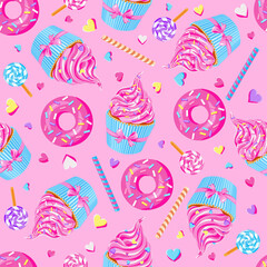 sweet pink fairy cupcakes with pink donuts, waffle, lollypops and sprinkles on pink background. Seamless pattern. Texture for fabric, wrapping, wallpaper. Decorative print.