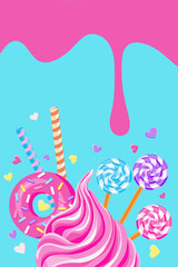 pink glaze and sweet pink fairy cupcake with pink donut, waffle, lollypops and sprinkles on blue background. vector illustration
