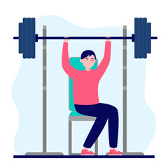 Young guy training with barbells. Weight, muscle, gym flat vector illustration. Sport and fitness concept for banner, website design or landing web page