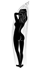 Silhouette of a cute young lady. The girl washes in the shower. The woman has a slim beautiful figure. Vector illustration.