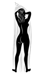 Fototapeta na wymiar Silhouette of a cute young lady. The girl washes in the shower. The woman has a slim beautiful figure. Vector illustration.