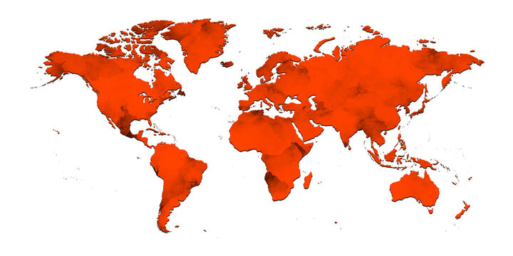 World map red paint on white background 3d illustration