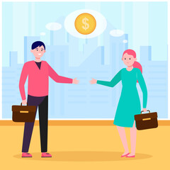 Smiling business partners thinking about financial deal. Handshake, contract, coin flat vector illustration. Partnership and marketing concept for banner, website design or landing web page