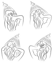 Collection. Silhouette of a beautiful young lady. The girl washes under the shower water. A woman washes her hair, her head with shampoo. Vector illustration set.