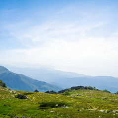 mountain valley in a blue mist at the early morning, outdoor travel scene