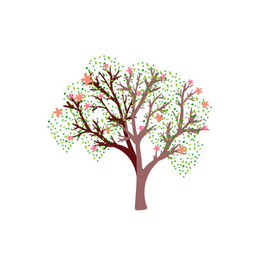 Blooming spring tree with green leaves and pink flowers silhouette on white background. Vector illustration