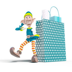 elf santa helper is dancing in front of the gift bag